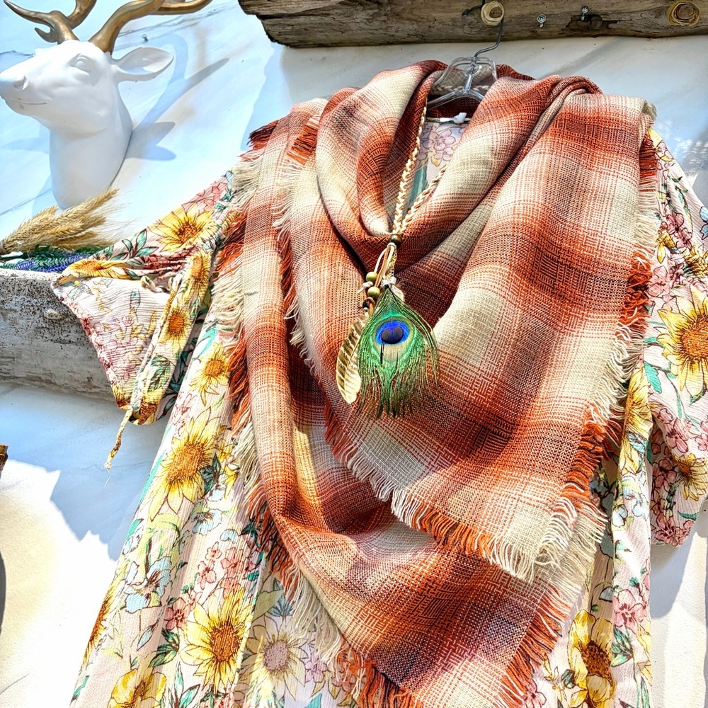 Farmhouses vibe boho plaid blanket scarf w cabin cottage vibe - Picture 6 of 16